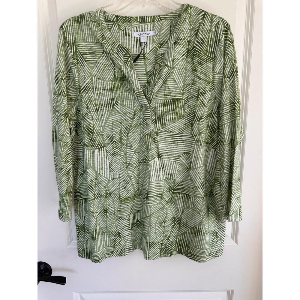Chico's Salted Lime Palm Lines Henley Tee Chico’s 2 (Large / US 12) NWT